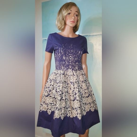 $2,400 OSCAR DE LA RENTA P15 GORGEOUS IVORY BLUE LACE PRINT RUNWAY DRESS US 8 - Picture 3 of 8